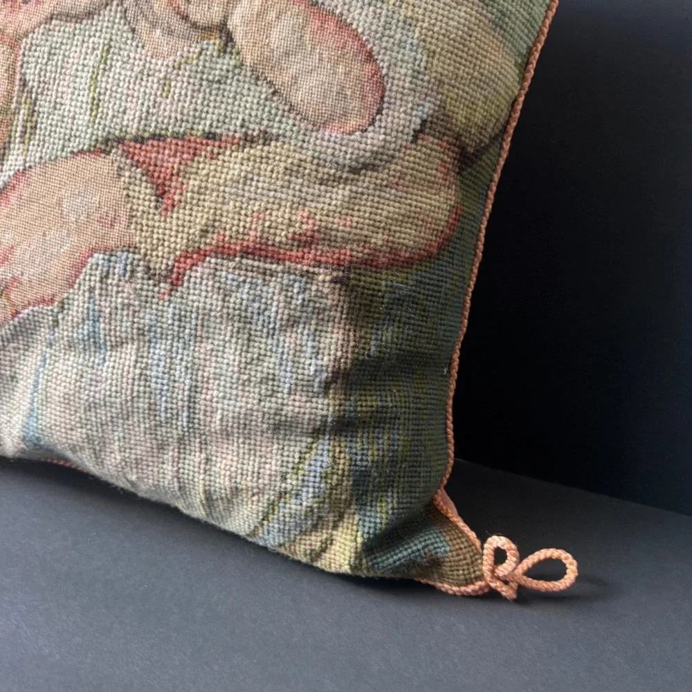 Catherine Diddel Needlepoint Pillow 16x16 Peach Velvet Mother Child Vintage